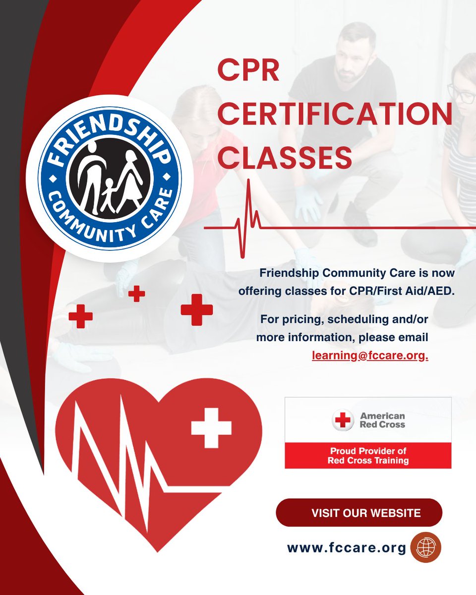fccare's tweet photo. CPR Certification Classes!
Friendship Community Care is now offering classes for CPR/First Aid/AED training. 

#FCC #friendship #CPR #firstaid #Certification #cprtraining #firstaidtraining #AED  #aedtraining https://t.co/bZDo6dVkpp