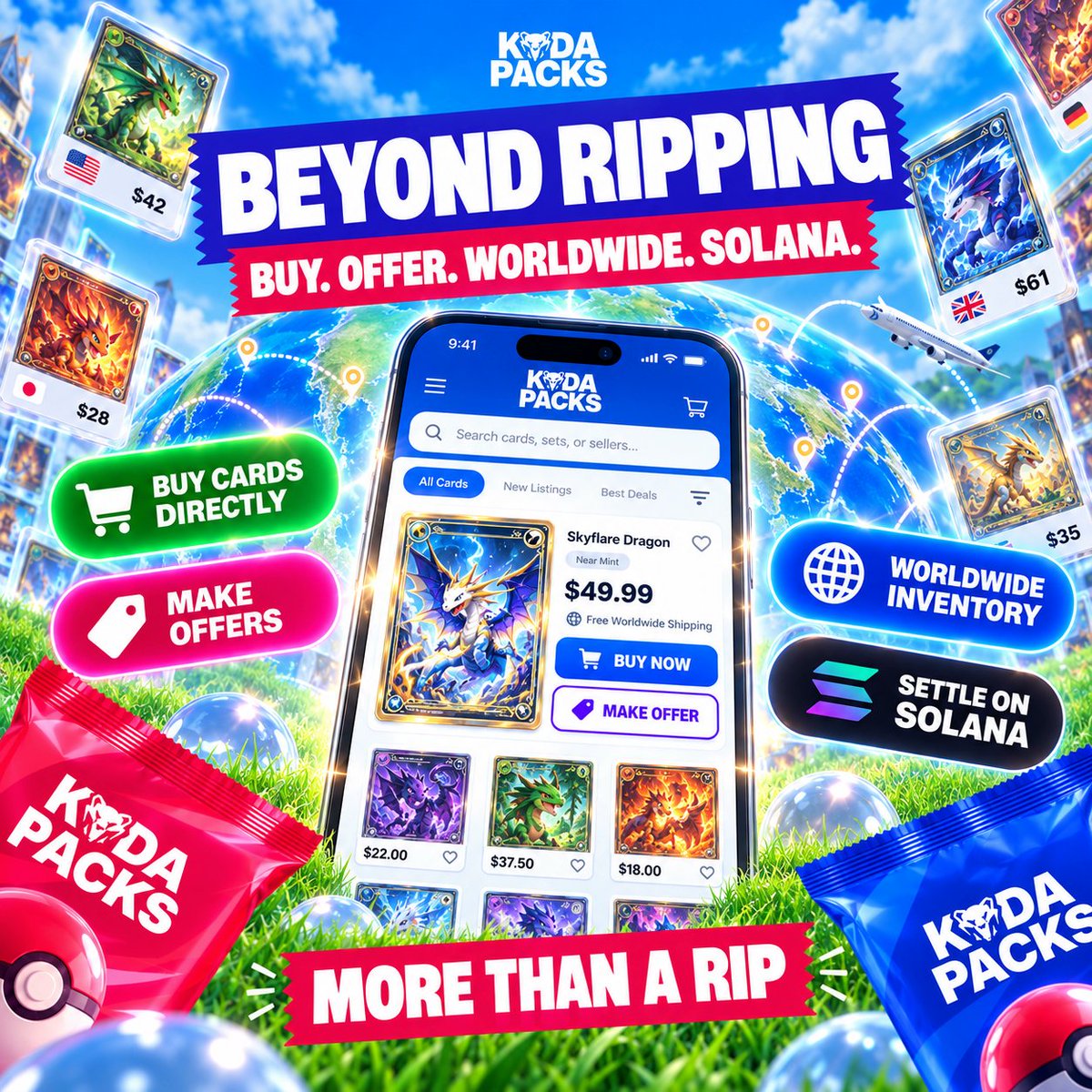 kodapacks's tweet photo. 6/ KodaPacks goes beyond ripping.

• Buy cards directly
• Make offers on listings
• Search worldwide inventory
• Settle via Solana https://t.co/WFomxj11F6