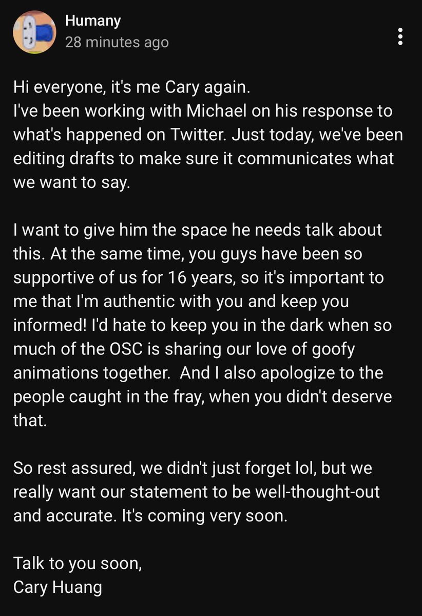 gatythinker's tweet photo. i think it says a lot that cary has to speak on his brother’s behalf, who has been remarkably silent regarding this situation. i can only hope that what michael has to say compensates for the awful behavior he has demonstrated on those alt accounts, and his inaction up till now https://t.co/DjoFbbsBBo