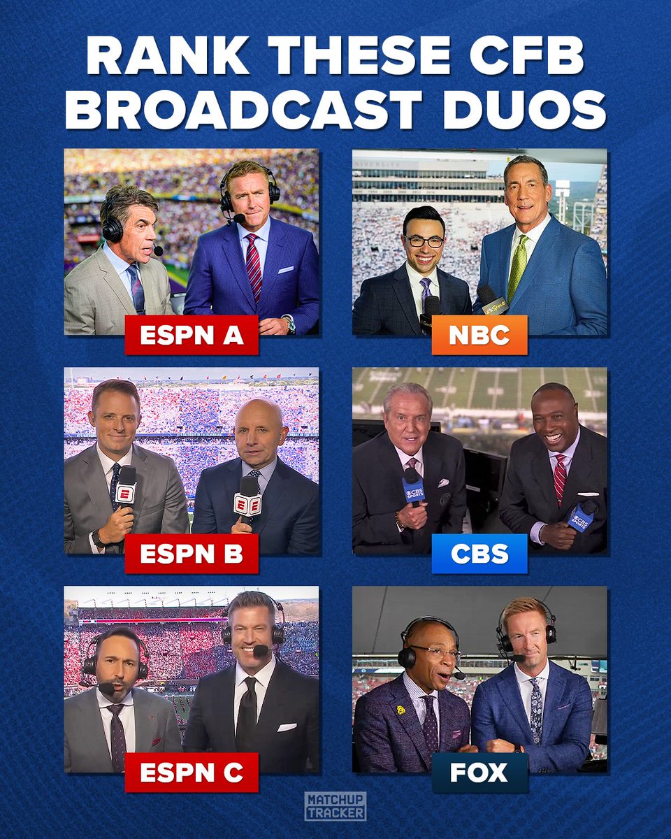 MatchupTracker's tweet photo. How would you rank these college football broadcast duos? 🤔 https://t.co/NHxexYfqN9