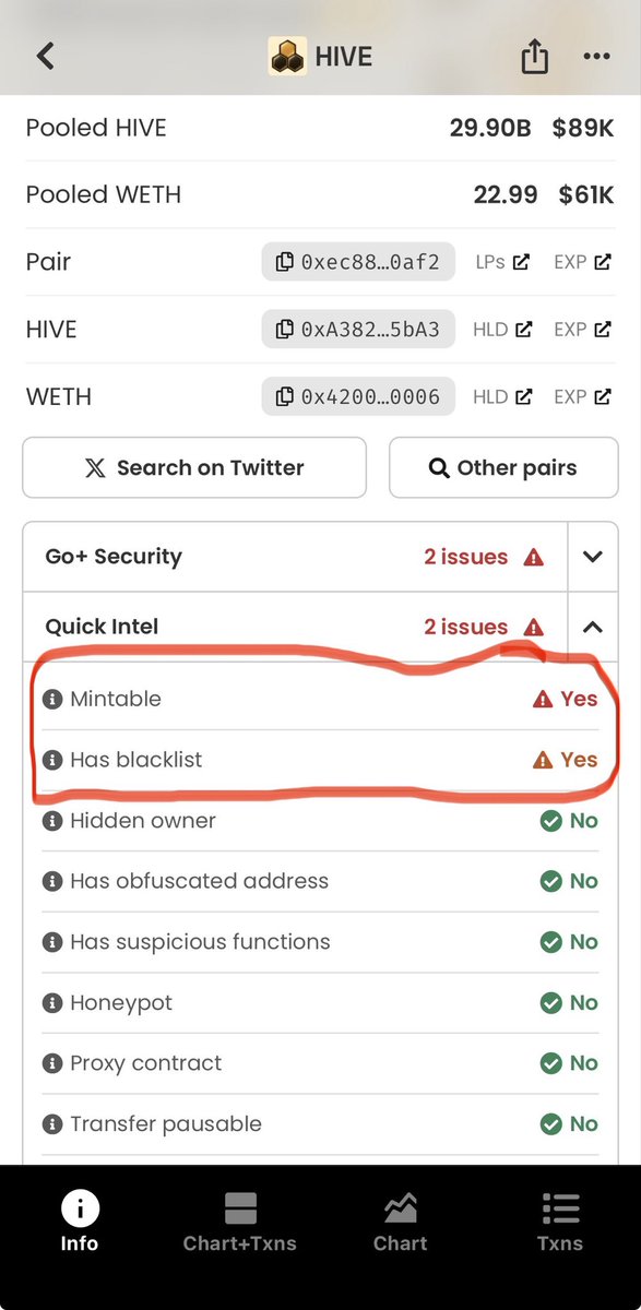 ImAlucard2's tweet photo. @based_elnen @TheHivemindOS @nxt3d Thanks for clearing up🙏

 However, looking at the contract architecture, Quick Intel and Go+ Security both flag 
Mintable: YES 🚨
and Blacklist: YES🚨

If the contract isn't renounced, what stops the deployer from minting new supply or blacklisting wallets from selling? 👇 https://t.co/P3zdNOpybU