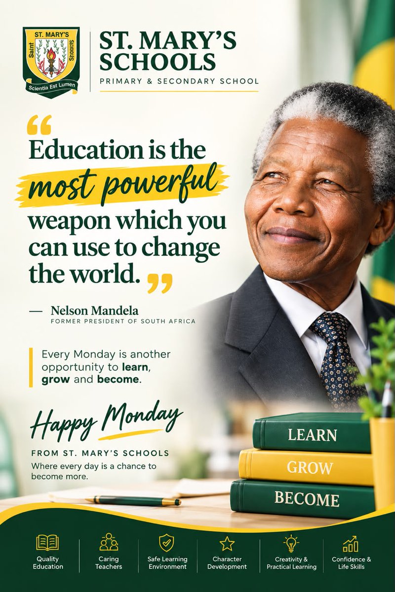 StMaryssch11682's tweet photo. “Every Monday is another opportunity to learn, grow and become.”

“Education is the most powerful weapon which you can use to change the world.”
— Nelson Mandela

Happy Monday from St. Mary’s Schools.
Where every day is a chance to become more. Thank you for choosing us! https://t.co/gpIvuzam6f
