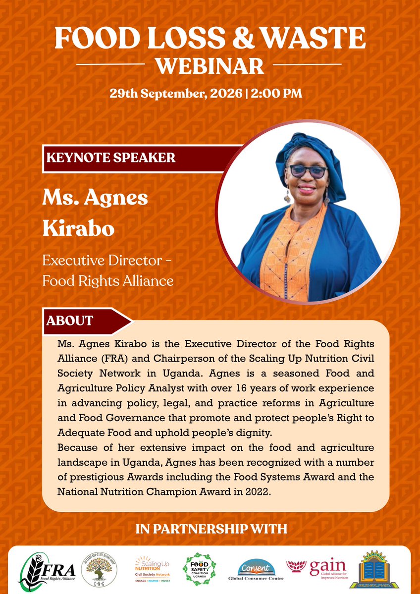 FRAUGANDA's tweet photo. #KeynoteSpeakerAlert; 𝐖𝐡𝐚𝐭 𝐰𝐞 𝐝𝐨 𝐧𝐨𝐭 𝐦𝐞𝐚𝐬𝐮𝐫𝐞, 𝐰𝐞 𝐜𝐚𝐧𝐧𝐨𝐭 𝐟𝐢𝐱.

Ms. @kiraboaggie, Executive Director of @FRAUGANDA, will deliver the keynote on tackling food loss and waste, closing Africa’s data deficit, and advancing the Kampala-CAADP Declaration and 2035 targets.

🔗 Join us today at 2:00 PM: https://t.co/hyZvTY5ILP

#FoodLoss #FoodWaste #Africa2035