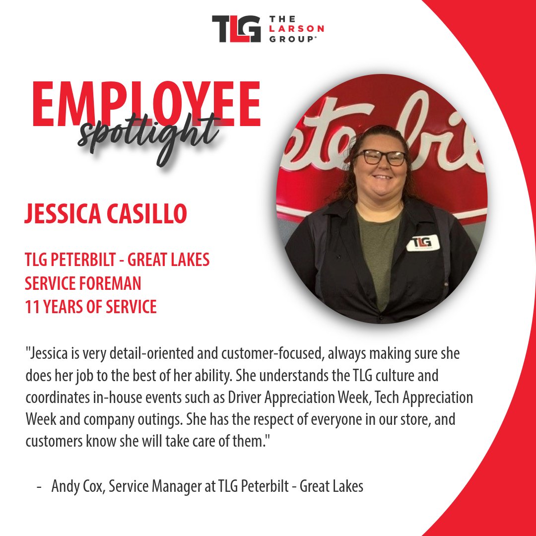 TLGPeterbilt's tweet photo. There are no employees like TLG employees ⭐️

The September Employee Spotlight goes to Jessica Casillo at TLG Peterbilt - Great Lakes. Jessica is a Service Foreman and has been a part of the TLG family for 11 years. https://t.co/8bKVwWhj9l