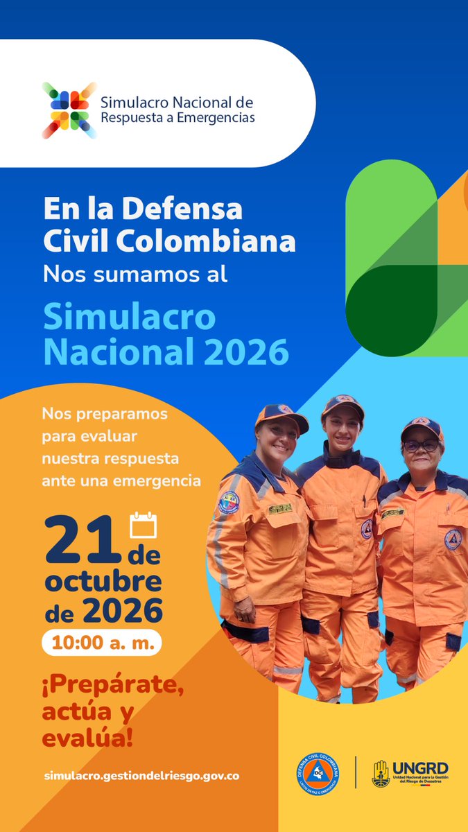 Santander_DCC's tweet photo. 📍 En la Defensa Civil Colombiana , nos preparamos para
responder mejor ante las emergencias

🚨Este 21 de octubre pondremos a prueba nuestras capacidades.

🤝Sumate al #SimulacroNacional2026 y haz parte de este ejercicio de preparacion.

Preparate. Evalua. Actúa https://t.co/vgPjqgMTN1