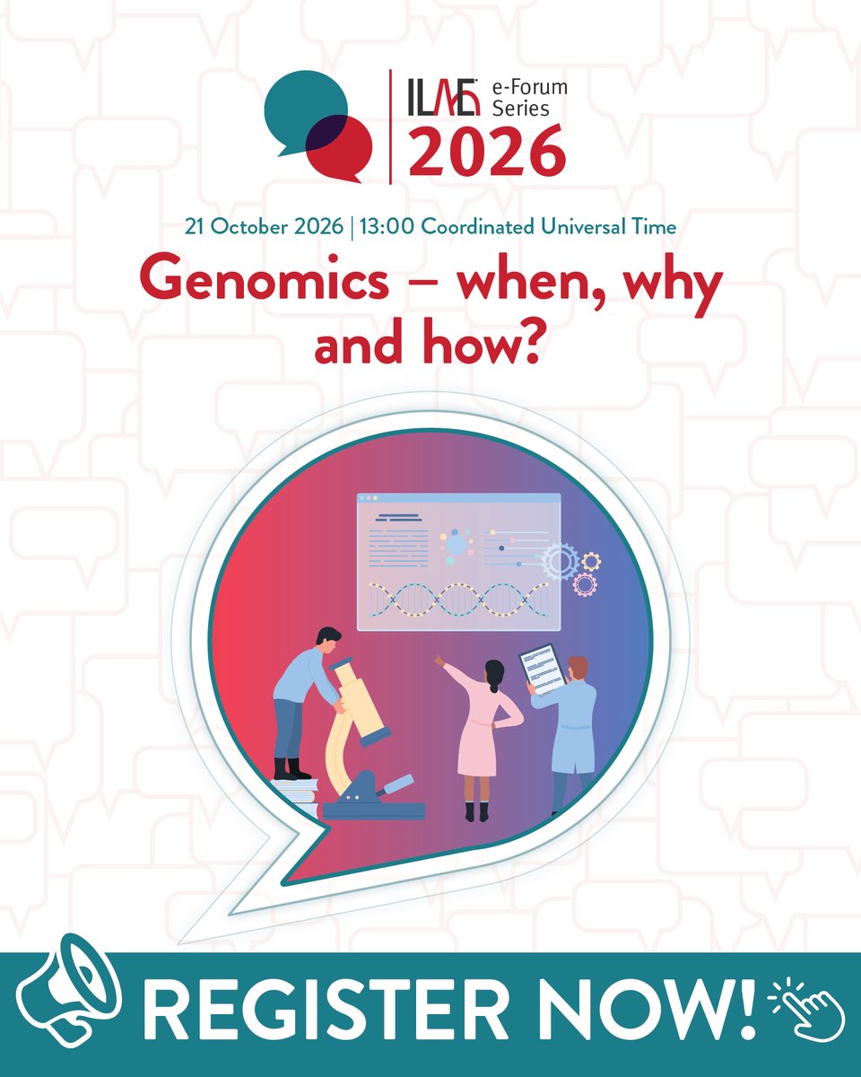 IlaeWeb's tweet photo. Register now for the next ILAE e-Forum! Join us on 21 October 2026 for a free educational session on #genomics. Register at https://t.co/4sAISack7w  

#epilepsywebinar #epilepsy #brainhealth #neurology #epilepsyresearch https://t.co/MLbsbvbeAR