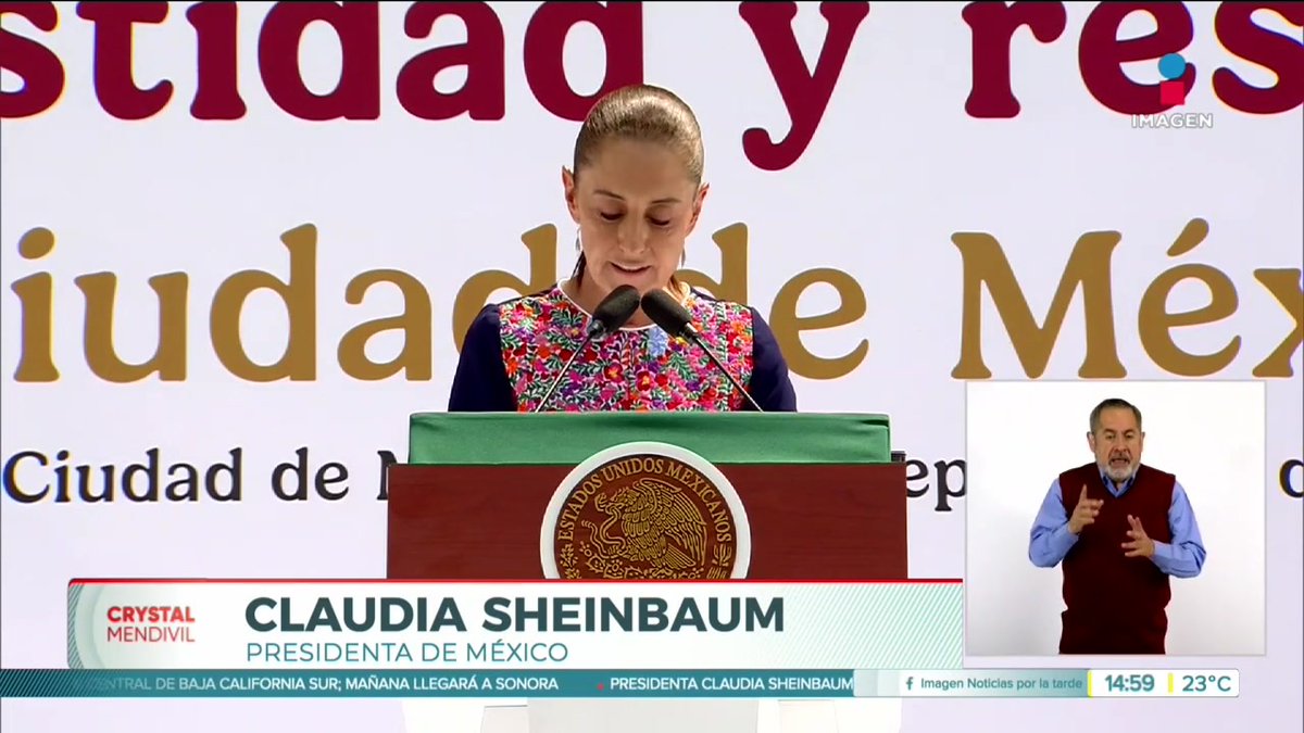 A news broadcast screenshot showing Mexican President Claudia Sheinbaum speaking at a podium with the Mexican coat of arms, with a sign language interpreter in the corner.