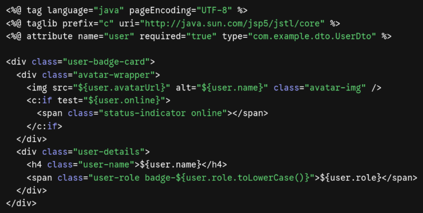 w_wander_r's tweet photo. Late-night refactor on a legacy Java codebase.

Replacing repetitive JSP blocks across the app with reusable custom tags. Deleting hundreds of lines of duplicate code never felt so good.

Can't share real code due to NDA, here is example of my work https://t.co/mQjuNBldeH
