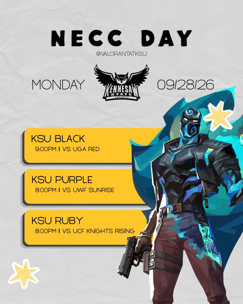 VALORANTatKSU's tweet photo. ⭐️ NECC DAY ⭐️

who's excited for NECC matches !! we have three happening tonight. we will be live with KSU RUBY at 8PM!! tune in :)

https://t.co/tq4SrjHdr9 https://t.co/7ScFSdv4yM