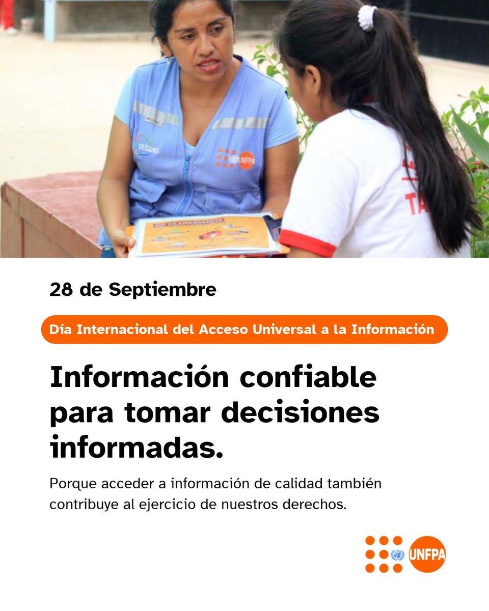 UNFPAPeru's tweet photo. Acceder a información confiable, oportuna y de calidad es fundamental para tomar decisiones informadas y ejercer nuestros derechos.

En un entorno digital marcado también por la desinformación, fortalecer el acceso a información y evidencia confiables es cada vez más importante.

Desde UNFPA en Perú contribuimos a generar y promover el uso de datos y evidencia para comprender las realidades de la población, visibilizar brechas y orientar mejores políticas públicas, sin dejar a nadie atrás.

En el Día Internacional del Acceso Universal a la Información, reafirmamos el valor de la información para ampliar opciones y fortalecer la toma de decisiones.