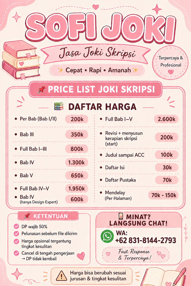 SofiJoki's tweet photo. ��OPEN JOKI ALL TUGAS🔆
Skripsi, Proposal/Makalah, Revisi, PPT dll
https://t.co/XtBUzbDqgp

 #zonauang #joki #jokitugas #zonajoki https://t.co/TkpypRI3lC