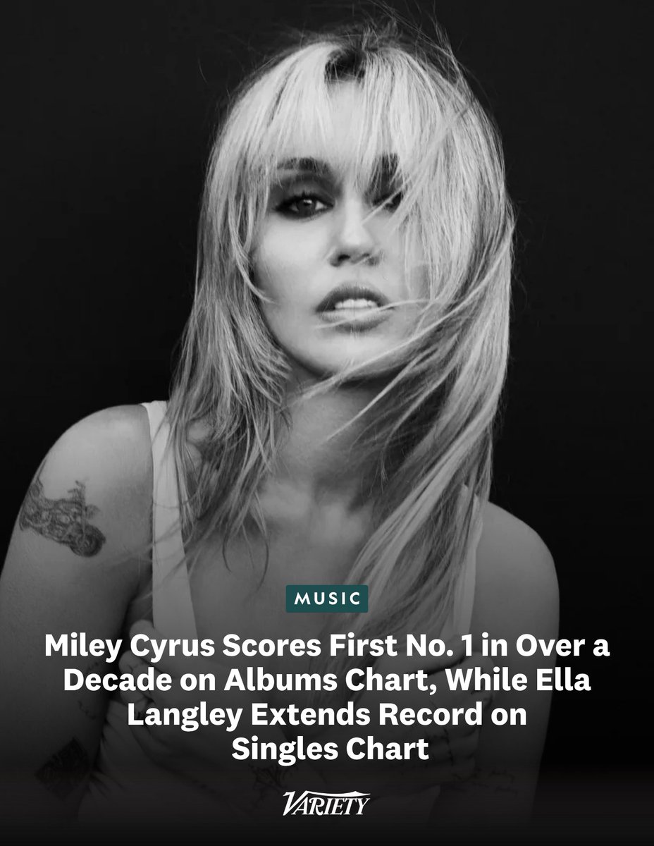 Variety's tweet photo. Miley Cyrus has scored her first No. 1 album on the Billboard 200 in over a decade with her latest, “Bass Persuades.”

https://t.co/tyTChnEGOC https://t.co/ay6hDa4uRA