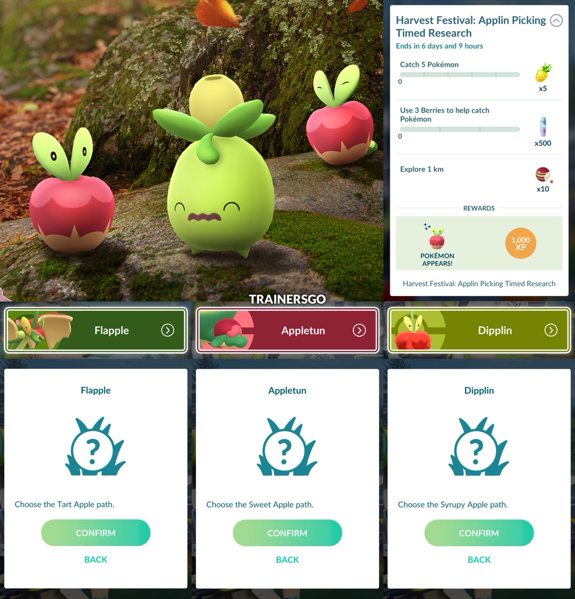 trainersgo2022's tweet photo. 🥳 Detalles de la investigación ramificada del evento “Festival de la Cosecha” en Pokémon GO.

🕐 Fecha: Desde el martes 29 de septiembre a las 10 AM hasta el lunes 5 de octubre a las 8 PM (hora local).

▶️ Podrán elegir uno de tres caminos:
🍎 Flapple: Manzanas Ácidas
🍏 Appletun: Manzanas Dulces
🍯 Dipplin: Manzanas Melosas 

▶️ Además, podrán obtener encuentros con Applin durante la investigación temporal

#PokemonGO #PokemonGOapp