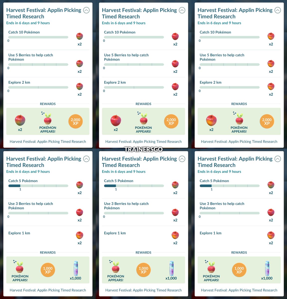 trainersgo2022's tweet photo. 🥳 Detalles de la investigación ramificada del evento “Festival de la Cosecha” en Pokémon GO.

🕐 Fecha: Desde el martes 29 de septiembre a las 10 AM hasta el lunes 5 de octubre a las 8 PM (hora local).

▶️ Podrán elegir uno de tres caminos:
🍎 Flapple: Manzanas Ácidas
🍏 Appletun: Manzanas Dulces
🍯 Dipplin: Manzanas Melosas 

▶️ Además, podrán obtener encuentros con Applin durante la investigación temporal

#PokemonGO #PokemonGOapp