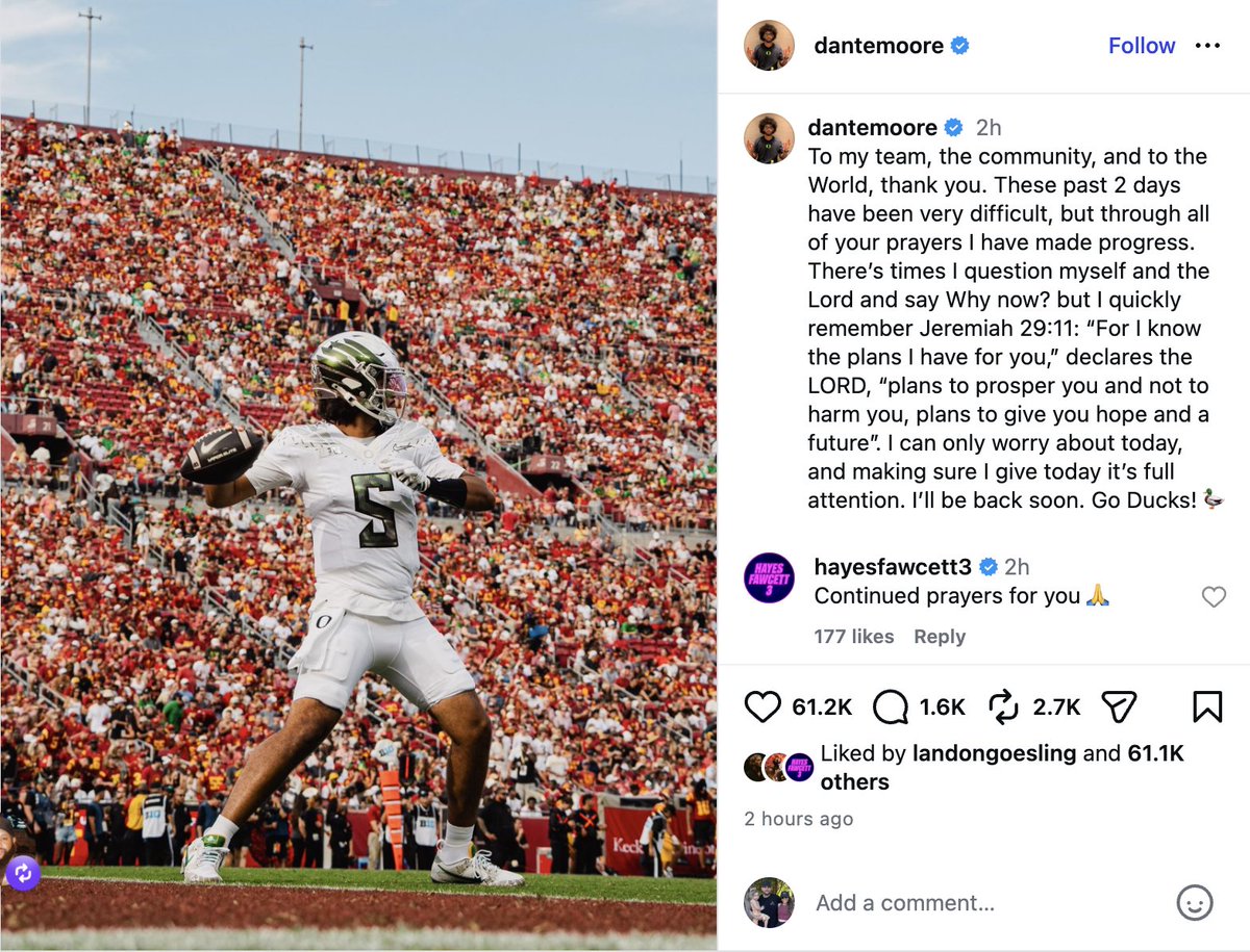 AriWasserman's tweet photo. Update on Oregon QB Dante Moore from his Insta account. https://t.co/Tn1idTXZ1A