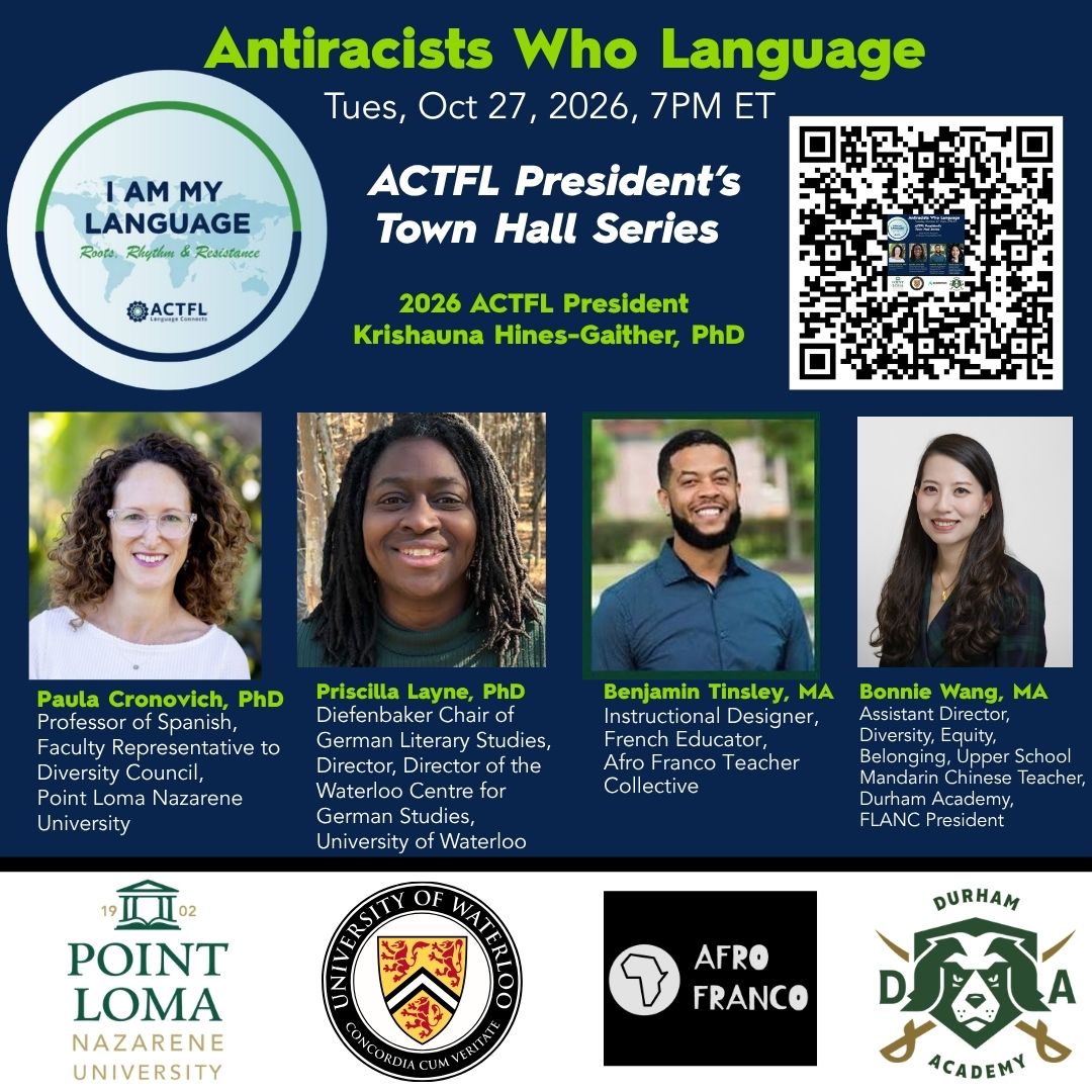actfl's tweet photo. Join us for Antiracists Who Language, the next ACTFL President’s Town Hall!
Hear from educators and leaders as they explore antiracism, language, identity, and belonging.
📅 Oct. 27 | 7 p.m. ET
🔗 REGISTER NOW: https://t.co/73jcTeayrj https://t.co/bOcvJOrLL5