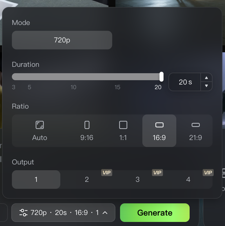 Early Flash settings: 720p, 20 seconds and a single selected output