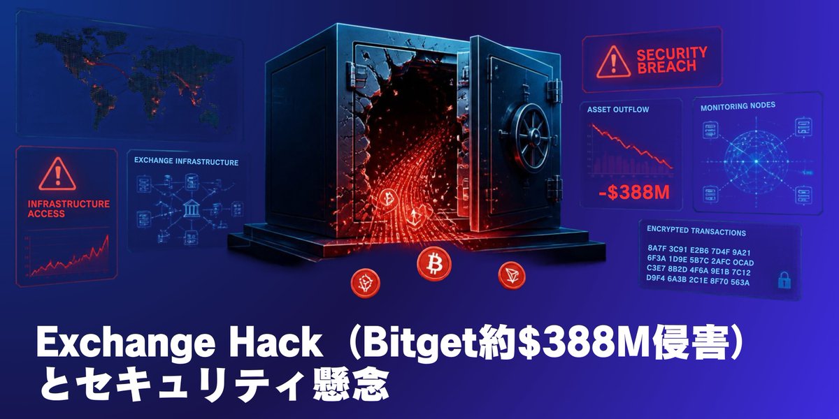 yamake3588's tweet photo. 📌Exchange Hack（Bitget約$388M侵害）とセキュリティ懸念

🚨 大手取引所「Bitget」で約3.9億ドル(約580億円前後)規模の大規模ハッキングが発生!!

🏦 2026年9月24日(UTC 18:31頃)、Bitgetのホットウォレ
　ット・ウォームウォレットから、約3億8,750万〜3億
　8,800万ドル相当が不正に送金されました。
　2026年で最大級の暗号資産盗難事件とされています。

🔓 手口は「秘密鍵の盗難」ではありません。第三者製の
　セキュリティ製品にあった未知の弱点(ゼロデイ脆弱性)
　を突かれ、高い権限の認証情報を盗まれたとされてい
　ます。
　犯人はそれを使って偽の出金指示を出し、正規の承認
　を通過させて送金を実行しました。

🧊 被害があったのは、すぐ使えるように置いてある「ホ
　ット/ウォームウォレット」のみ。
　オフラインで保管する「コールドウォレット」と、自
　分で管理する「Bitget Wallet」は無事でした。

💸 流出したのはXRP(約1億300万XRP)、ETH(約3.2万
　ETH)、USDT、USDC、ZEC、BNB、AVAX、TRXなど、
　複数のチェーンにまたがっています。

🛡 Bitgetは出金を即時停止し、約4.64億ドル規模の「ユ
　ーザー保護基金」で損失を全額カバーする方針を表
　明。
　基金は最低3億ドル規模を維持する予定です。
　MandiantやSlowMistも調査に協力しています。
　北朝鮮関連の可能性も指摘されていますが、確定では
　ありません。

🔄 9月28日時点では、BTCから順に出金が段階的に再開
　中。
　一部の資金は凍結されたという報告もあります。

💬 X上では発生日に速報が急拡散し、9月25〜26日にピ
　ークに。
　その後は「対応の進捗」や「取引所全体のセキュリテ
　ィ問題」として語られています。

🤔 声の多くは厳しめで、「またCEXがやられた」「Not 
　your keys, not your coins(鍵を持たなければコインは自
　分のものではない)を再確認」という意見が目立ちま
　す。
　一方で「保護基金でカバーするのは安心材料」「対応が
　早かった」という評価も。
　ただし「基金の使い方や回収額をもっと透明にしてほ
　しい」という声もあります。

✨ 今回の教訓は、「取引所に預けっぱなしにするリスク」
　を改めて考えること。
　資産の管理方法を見直すきっかけになりそうです!!

※本投稿は情報提供を目的としたもので、投資の勧誘や
　特定の銘柄・取引所の利用・売買を推奨するものでは
　ありません。
　暗号資産は価格変動が大きいうえ、ハッキングや取引
　所の破綻などにより、資産を失う可能性があります。
　また、被害額や調査状況、原因、出金再開の進捗など
　は2026年9月28日時点の情報で、今後変わることがあ
　ります。
　自己管理(自己保管)にも、鍵の紛失や詐欺被害などの別
　のリスクがあります。
　投資判断はご自身の責任で、最新情報を確認のうえ行
　ってください。

#Bitget #ハッキング #取引所ハッキング #セキュリティ #暗号資産 #仮想通貨 #CEX #ホットウォレット #自己管理 #NotYourKeysNotYourCoins #ブロックチェーン #投資初心者