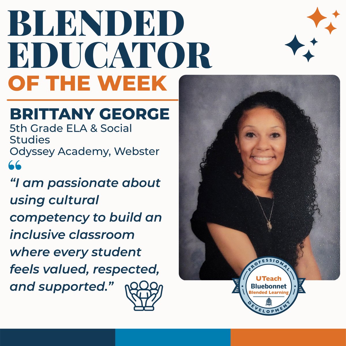 UTeachPD's tweet photo. Blended Learning Educator of the Week: Brittany George 🌟
Brittany George, 5th grade teacher at Odyssey Academy Webster, effectively combines teacher-led small groups &amp; intentional practice to reinforce Bluebonnet Learning curriculum concepts during blended learning time! https://t.co/yxxuVBtOeu