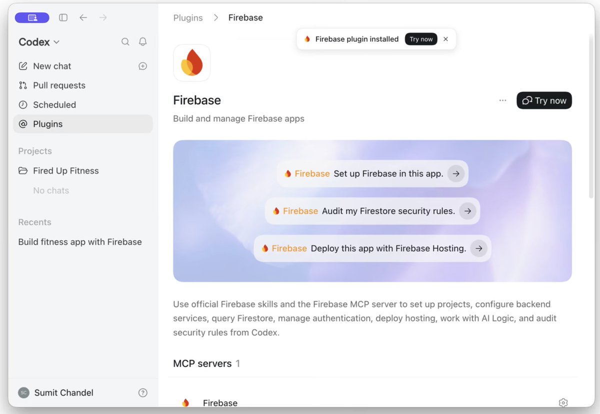 Firebase's tweet photo. A new Firebase agent plugin is now available in the Codex plugin directory 🔥🔌

This means you can seamlessly use Firebase with Codex to:
➕ Automatically provision a Firebase project, database and schema as you build your app
➕ Add Firebase Authentication to your app, usually by default
➕ Write and audit security rules to help secure your app and database