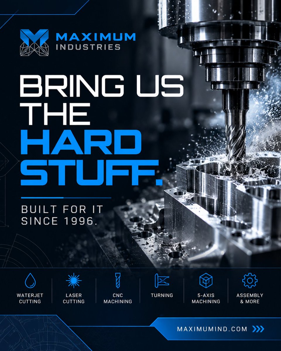 MaximumIndustr's tweet photo. Some jobs are easy. We’re built for the ones that aren’t.

Maximum Industries takes on the parts that require experience, precision, and a little figuring out.

Waterjet. Laser. CNC. 5-axis. All under one roof.

Bring us the hard stuff.

https://t.co/DbYyerFMPI https://t.co/w6uSGLL9aT