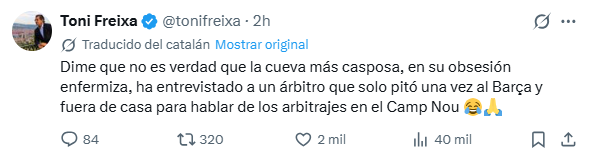 MisterRelato's tweet photo. Los culés no han parado de criticar la entrevista de @Ramon_AlvarezMM a Pedro Tristante Oliva por la frase "Cuando iba a Barcelona, me la jugaba" porque nunca pitó en el Camp Nou. Alguno incluso pide al club que le denuncie.

Para sorpresa de nadie, no han visto la entrevista. No dijo esa frase ni habla en ese momento de su temporada en 1ª.

Cuando estaba en 2ªB, en un momento en que Negreira le habla de un informe negativo, él protesta y niega la veracidad de esa evaluación. El siguiente partido que le toca arbitrar es un  partido de 2ªB entre el Barça C y el Terrasa al que asistió Negreira.

Ahí dice:
"Los árbitros cuando iban a Barcelona, sabían que se la jugaban. Yo sabía que me la jugaba porque ya digo, después de haber protestado yo, me manda a ese partido..." 

Parece ser que acertó en las decisiones de ese partido y terminó ascendiendo a 2ª.