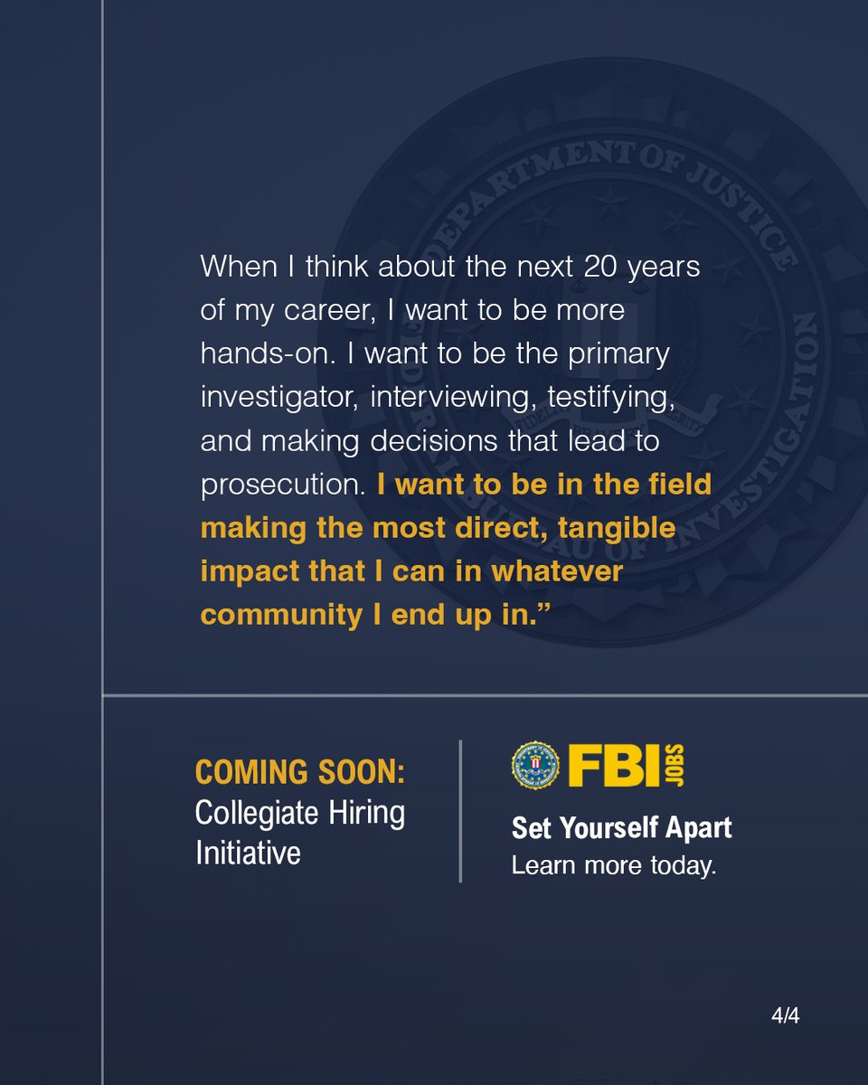 FBIJobs's tweet photo. Start your career in an impact-driven environment through the #FBI’s Collegiate #Hiring Initiative, like Mariah H. Recent #graduates can build experience that helps defend the homeland. Set yourself apart. Learn more today. #FBIJobs https://t.co/wQSLBjix7z https://t.co/IdaSUmICB5