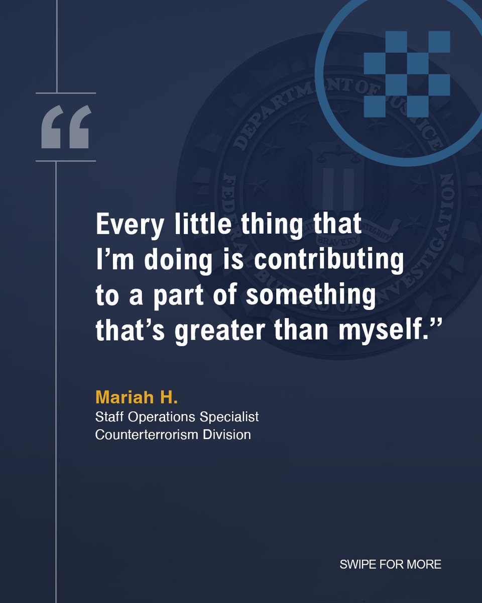 FBIJobs's tweet photo. Start your career in an impact-driven environment through the #FBI’s Collegiate #Hiring Initiative, like Mariah H. Recent #graduates can build experience that helps defend the homeland. Set yourself apart. Learn more today. #FBIJobs https://t.co/wQSLBjix7z https://t.co/IdaSUmICB5