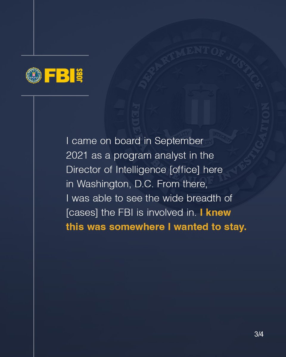 FBIJobs's tweet photo. Start your career in an impact-driven environment through the #FBI’s Collegiate #Hiring Initiative, like Mariah H. Recent #graduates can build experience that helps defend the homeland. Set yourself apart. Learn more today. #FBIJobs https://t.co/wQSLBjix7z https://t.co/IdaSUmICB5