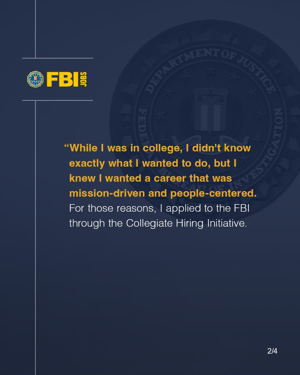 FBIJobs's tweet photo. Start your career in an impact-driven environment through the #FBI’s Collegiate #Hiring Initiative, like Mariah H. Recent #graduates can build experience that helps defend the homeland. Set yourself apart. Learn more today. #FBIJobs https://t.co/wQSLBjix7z https://t.co/IdaSUmICB5