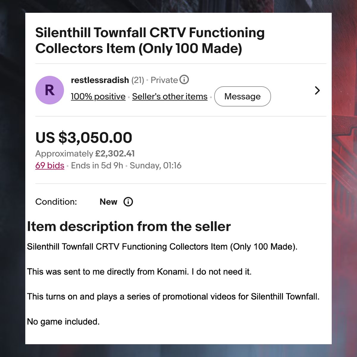 Dexerto's tweet photo. A rare Silent Hill: Townfall collectible sent to influencers is being auctioned on eBay with bids over $3,000

The seller says it came directly from Konami and they "do not need it," sparking backlash from fans https://t.co/386qUkzc2N