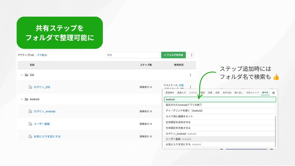 MagicPodJP's tweet photo. 🆕 共有ステップをフォルダで整理可能になりました🙌
共有ステップが増えた場合でも、目当ての共有ステップが見つけやすくなっています。
ステップを追加する際にはフォルダ名でも検索でき、使い勝手がUPしました。✨ https://t.co/K0ooCjDhuP