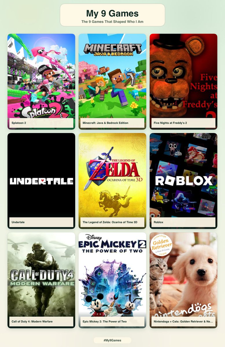 S_M_G_3_'s tweet photo. redid it because I can’t believe I forgot my goat Nintendogs……. But anyways 9 games that shaped me I think https://t.co/dl3y0uFCbg