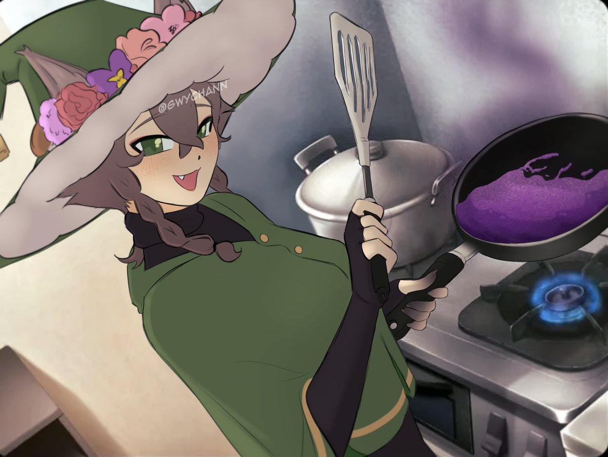 gwychann's tweet photo. How it feels to cook a yummy meal as a witch #Gwylan https://t.co/XwEKJb9wan