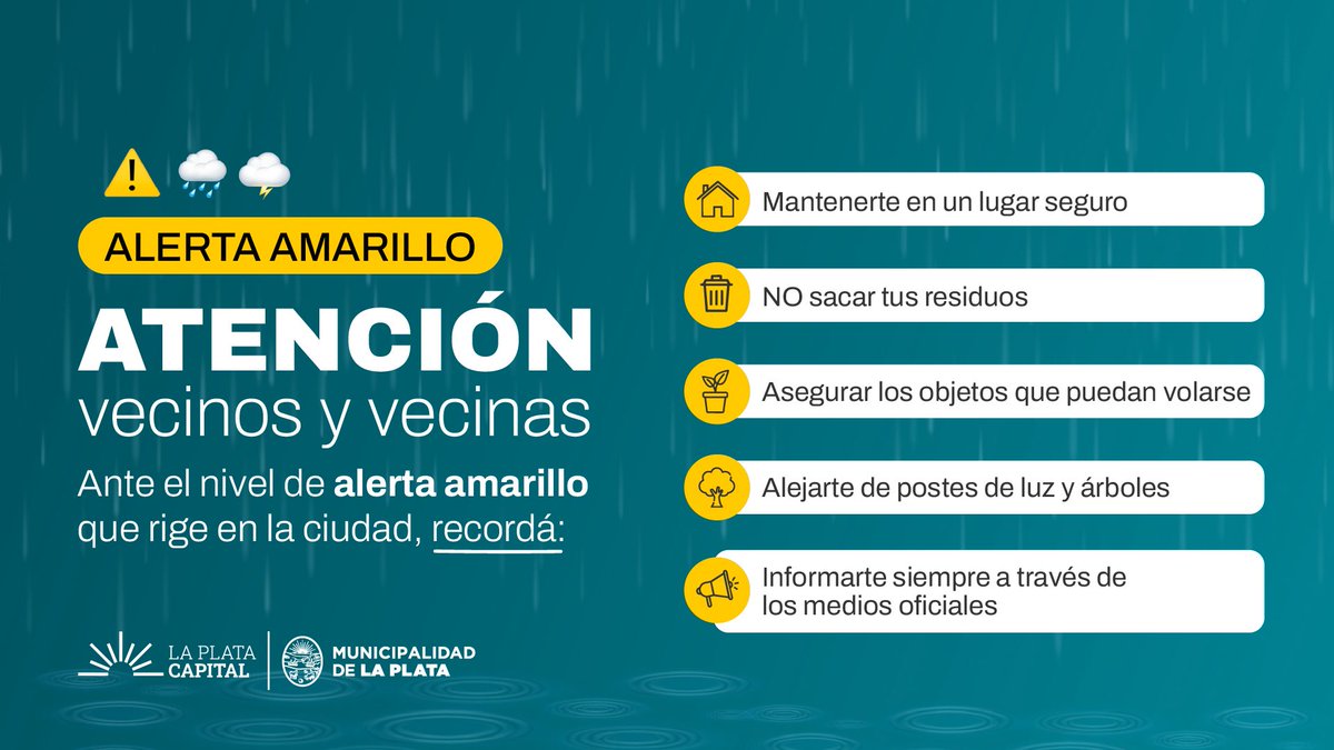LaPlataMLP's tweet photo. 🟡Elevamos a AMARILLO el NIVEL DE ATENCIÓN DEL RIESGO POR TORMENTAS para la madrugada del martes 29 en #LaPlataCapital.

Se esperan tormentas, algunas localmente fuertes, acompañadas por ráfagas, chaparrones intensos y ocasional caída de granizo. https://t.co/Yfnkz4rHdy