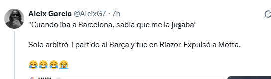 MisterRelato's tweet photo. Los culés no han parado de criticar la entrevista de @Ramon_AlvarezMM a Pedro Tristante Oliva por la frase "Cuando iba a Barcelona, me la jugaba" porque nunca pitó en el Camp Nou. Alguno incluso pide al club que le denuncie.

Para sorpresa de nadie, no han visto la entrevista. No dijo esa frase ni habla en ese momento de su temporada en 1ª.

Cuando estaba en 2ªB, en un momento en que Negreira le habla de un informe negativo, él protesta y niega la veracidad de esa evaluación. El siguiente partido que le toca arbitrar es un  partido de 2ªB entre el Barça C y el Terrasa al que asistió Negreira.

Ahí dice:
"Los árbitros cuando iban a Barcelona, sabían que se la jugaban. Yo sabía que me la jugaba porque ya digo, después de haber protestado yo, me manda a ese partido..." 

Parece ser que acertó en las decisiones de ese partido y terminó ascendiendo a 2ª.