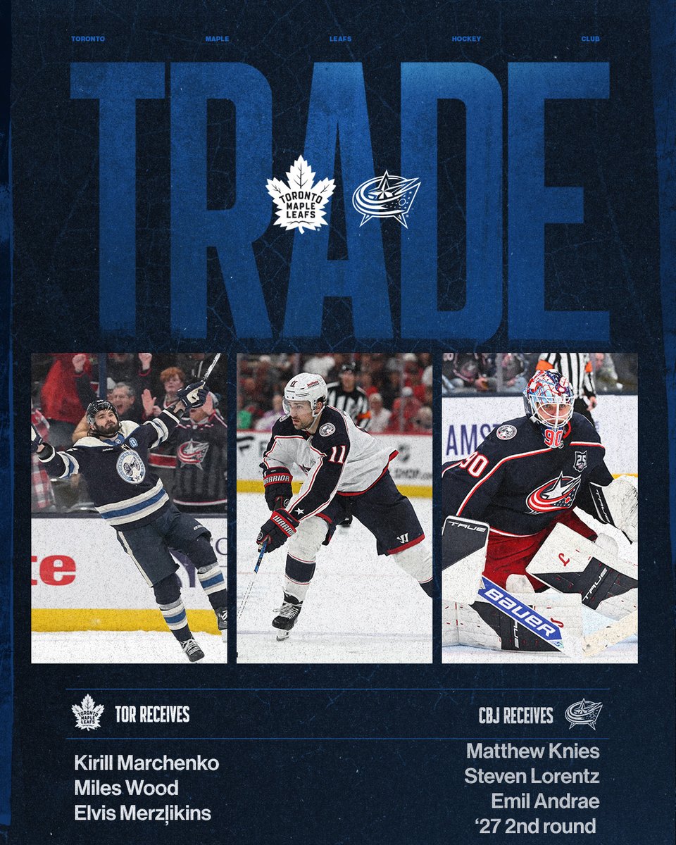 MapleLeafs's tweet photo. TRADE: We’ve acquired forwards Kirill Marchenko, Miles Wood, and goaltender Elvis Merzļikins from the Columbus Blue Jackets