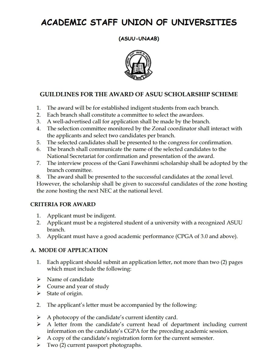 FUNAAB_SUG's tweet photo. FUNAABITES, HERE’S AN IMPORTANT SCHOLARSHIP OPPORTUNITY!

Applications are now open for the 2026 ASUU Scholarship Scheme for indigent students of the Federal University of Agriculture, Abeokuta.

Eligible students are encouraged to apply through the ASUU UNAAB Scholarship Committee.

Application Deadline: Wednesday, 30 September 2026, by 4:00 PM
Interview Date: Friday, 2 October 2026
Interview Time: 9:00 AM

Interested students are advised to carefully go through the attached memo for the application guidelines and other relevant details. Please ensure your application is submitted before the deadline, as late submissions may not be considered.

Kindly share this information with eligible students who may benefit from this opportunity.