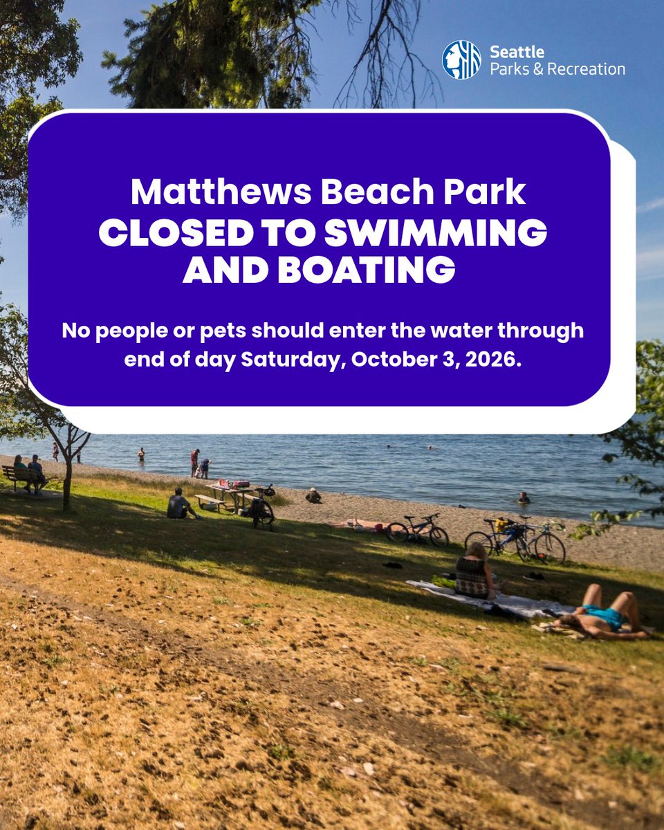 SeattleParks's tweet photo. SPU reported a sewage release from a line near Matthews Beach Park. No people or pets should enter the water through end of day Saturday, October 3, 2026.

A friendly reminder that lifeguarded swim beach season has ended, and swimming without lifeguards is not encouraged. https://t.co/qpa2Qx5KYh