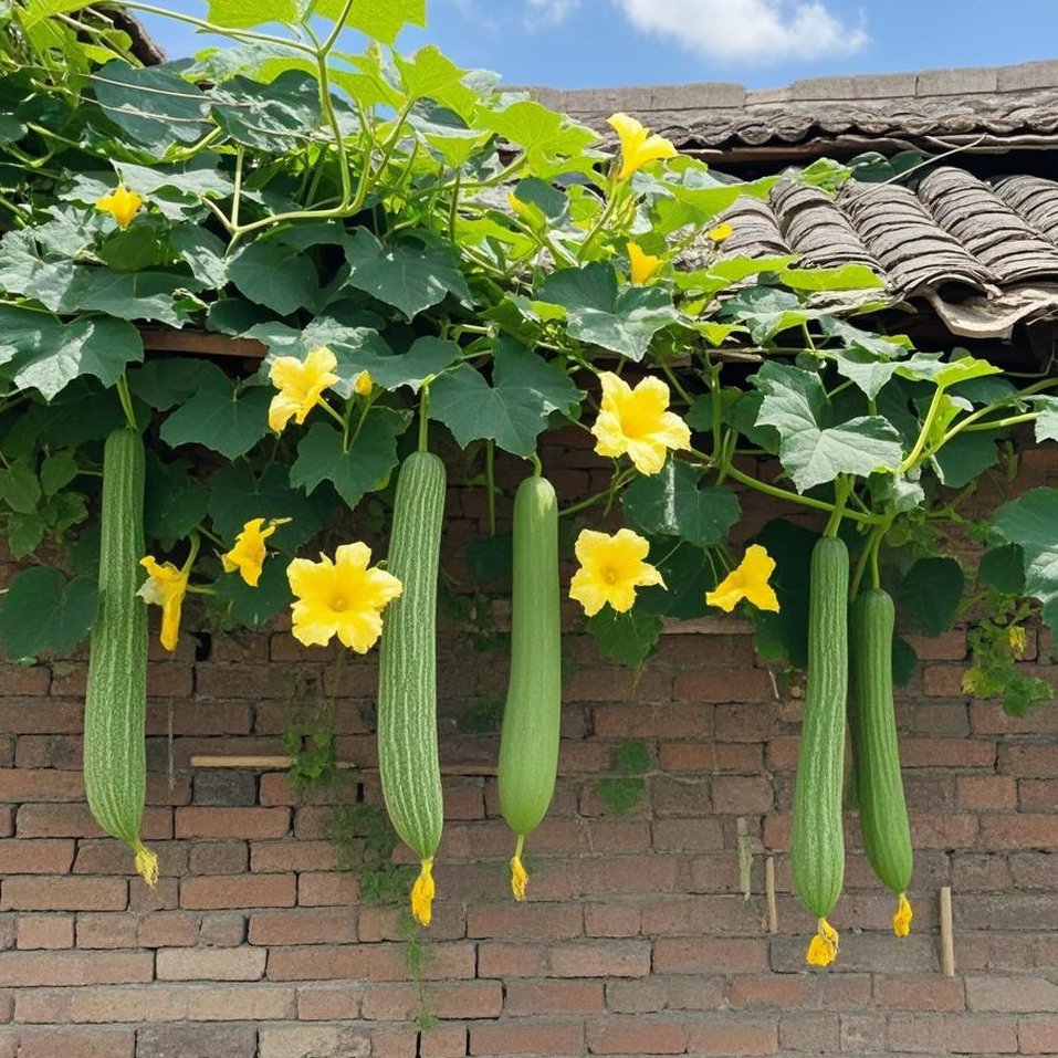 7zUd7KHxv5ykKOA's tweet photo. The wax gourd (腊) vine climbs over the fence (笆), and our small trading (贸) market has fresh, seasonal produce today! https://t.co/8q0cLEA8mM