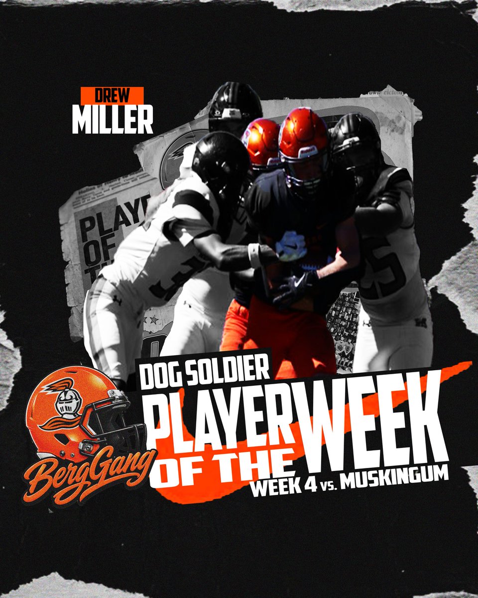 BergFootball's tweet photo. Congratulations to our players of the week from last weeks 56-0 performance. 

Special Ops - Cam West
Breakthrough - Tyreese Clerveau
Hammer - Tommie McDonald
Dog Soldier - Drew Miller https://t.co/MJ3ZFzHjTO