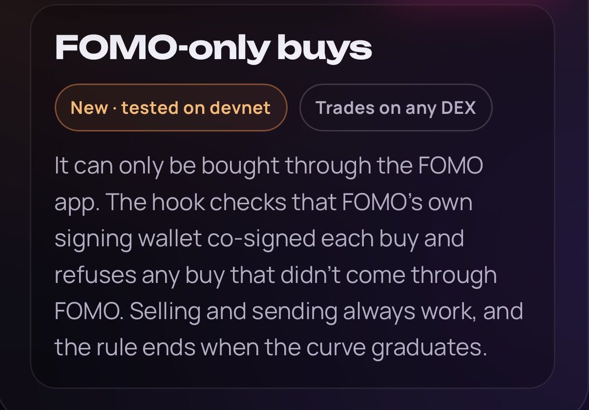 Hoookedpad's tweet photo. A new kind of transfer hook is live: launch a token that can only be bought through the Fomo router. 

@fomo only launches are now possible. 

Hook: 4Tabcoy1niosiNAGHMruLBFscgJWXZsVF3pfij3FqMB5 https://t.co/vEfzCcSFGi