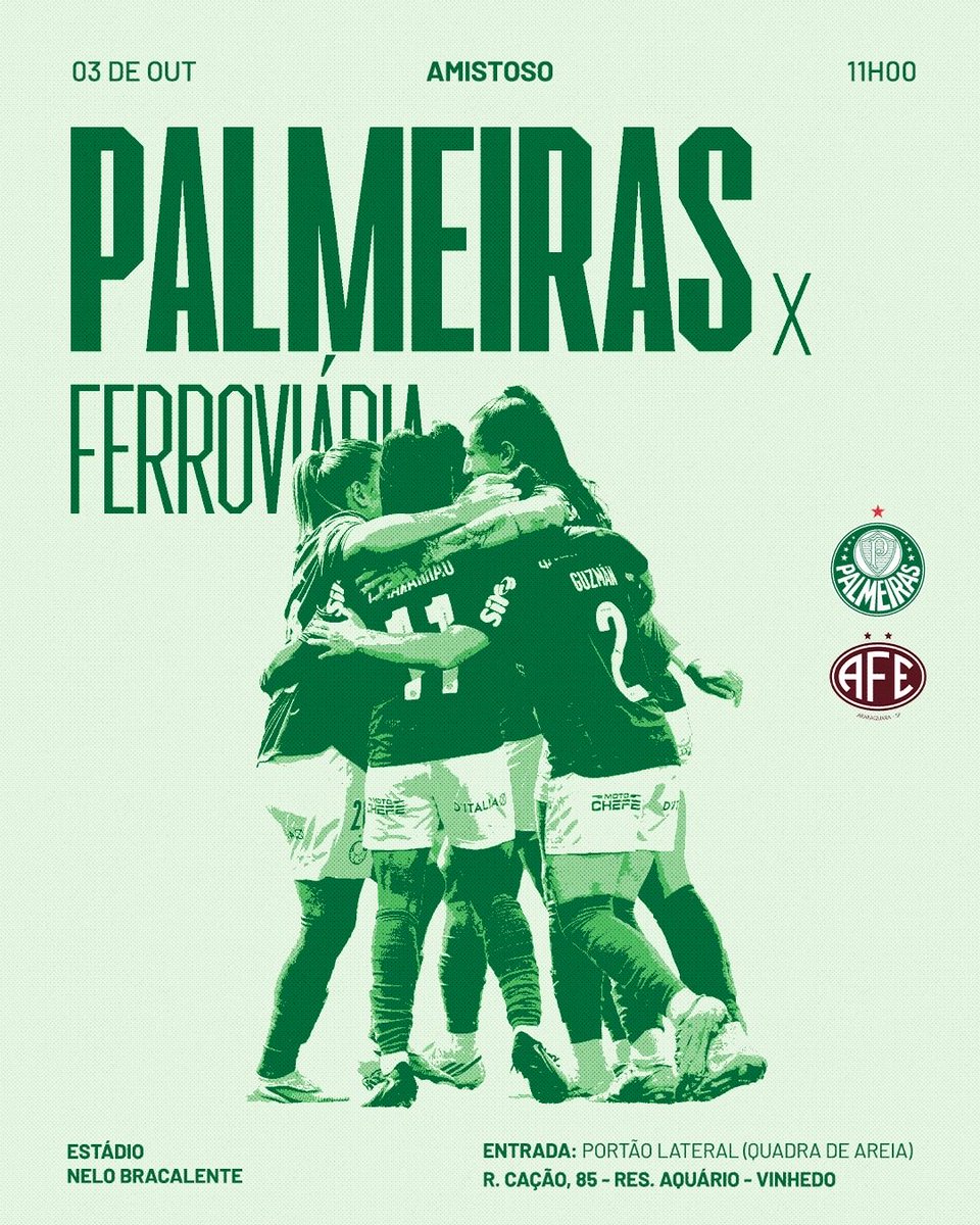 Palmeiras_FEM's tweet photo. SABADÃO É DIA DE #FAMÍLIAPALMEIRAS EM VINHEDO! 🐷💚

No dia 3 de outubro, as Palestrinas realizarão um amistoso contra a Ferroviária, às 11h, no Estádio Nelo Bracalente. A entrada será gratuita, e os portões abrem às 10h. 

Esperamos vocês! ➤ https://t.co/GVR81w5SKK https://t.co/3Xvf2W2bVu