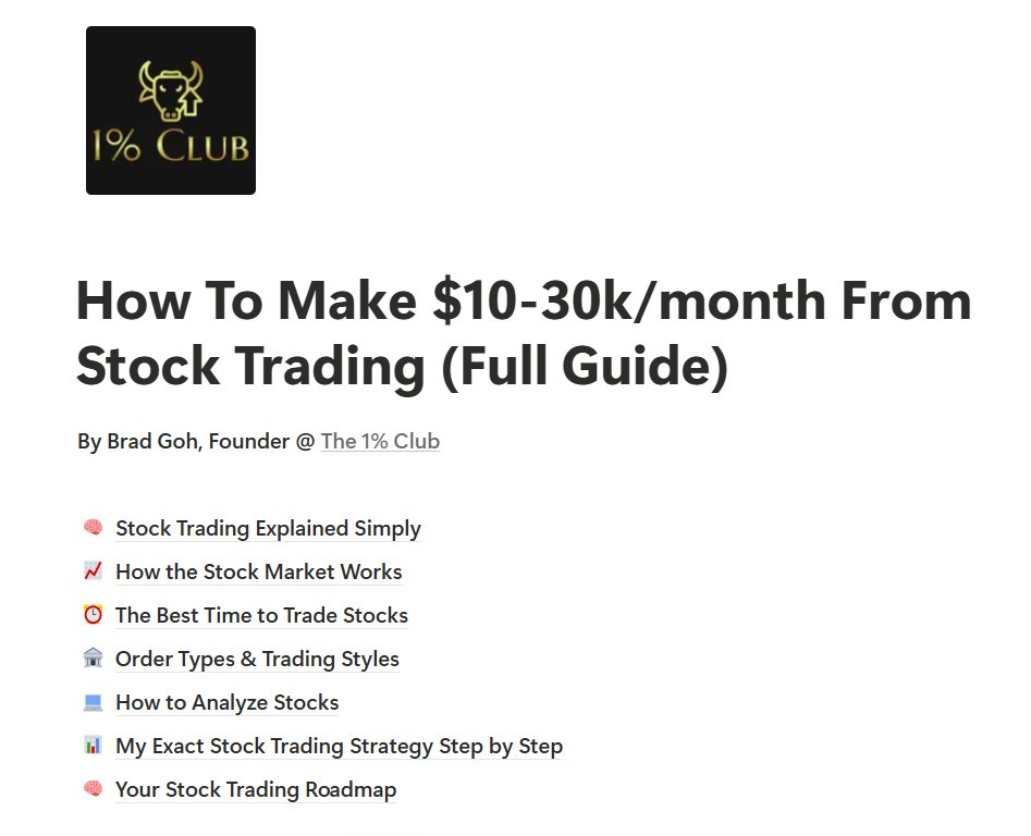 Bradgohtrades's tweet photo. I've made over $5M from trading.

I put together a guide showing you exactly how to hit your first $10-30k/mo from stock trading.

For 24 hours only, it's yours completely for free.

Like + comment "guide" and I'll send it.

(must be following + RT for priority) https://t.co/6A0TbLPwVS