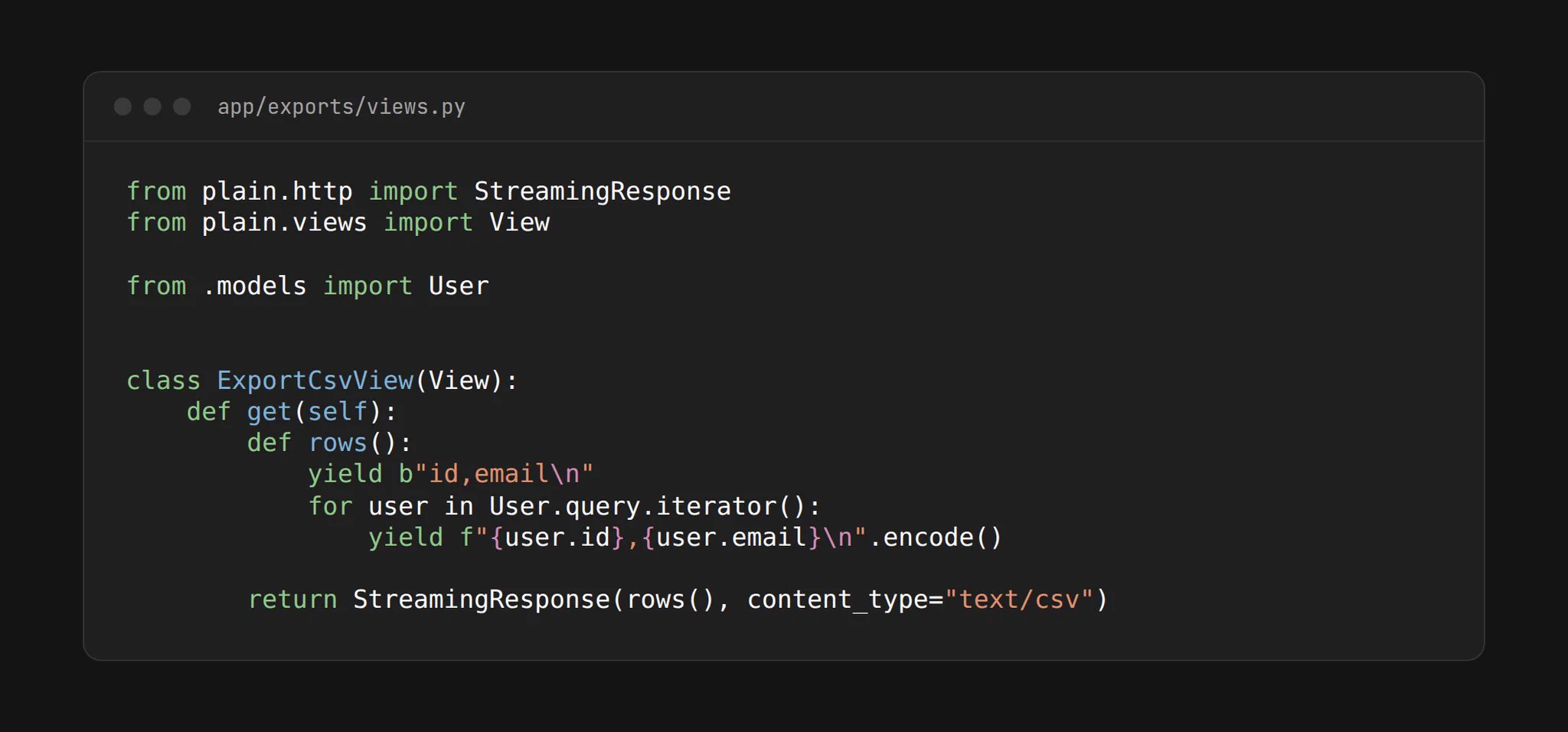 Python code: a Plain View whose get() defines a rows() generator that yields a CSV header, then yields a line per user from User.query.iterator(), returned as StreamingResponse(rows(), content_type="text/csv").