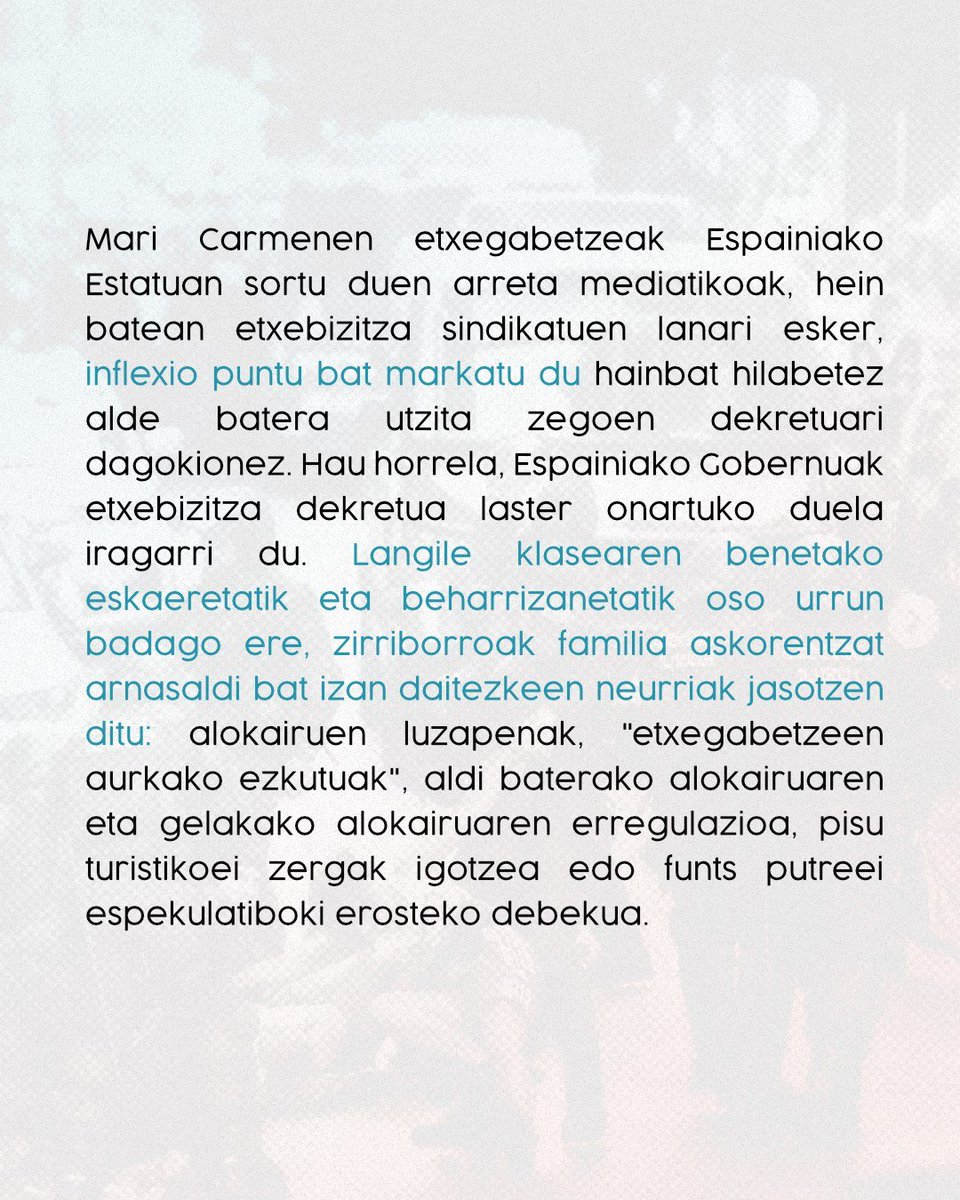ehessarea's tweet photo. EHko Etxebizitza Sindikatuen Sarea osatzen dugun sindikatuok honako deialdia egiten diogu Euskal Herriko langileriari, hedabide eta alderdiei Madrilgo Ministroen Kontseiluan eztabaidatzen ari diren lege dekretuaren inguruan: https://t.co/t3tEjoBbTO