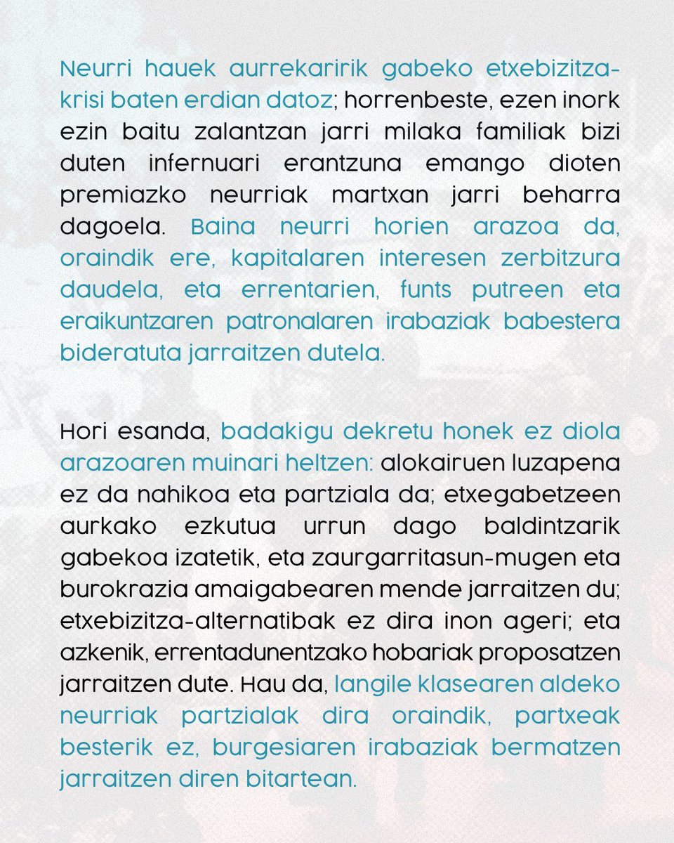 ehessarea's tweet photo. EHko Etxebizitza Sindikatuen Sarea osatzen dugun sindikatuok honako deialdia egiten diogu Euskal Herriko langileriari, hedabide eta alderdiei Madrilgo Ministroen Kontseiluan eztabaidatzen ari diren lege dekretuaren inguruan: https://t.co/t3tEjoBbTO
