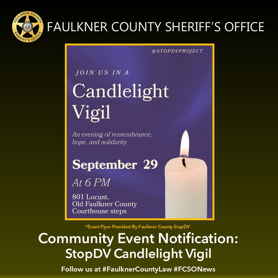 CountyFaulkner's tweet photo. Join Faulkner County Judge Allen Dodson and the amazing representatives of StopDV in a Candlelight Vigil. More: https://t.co/FIEysrLzvH

#FaulknerCountyLaw #FCSONews https://t.co/BR8BNZSqNE