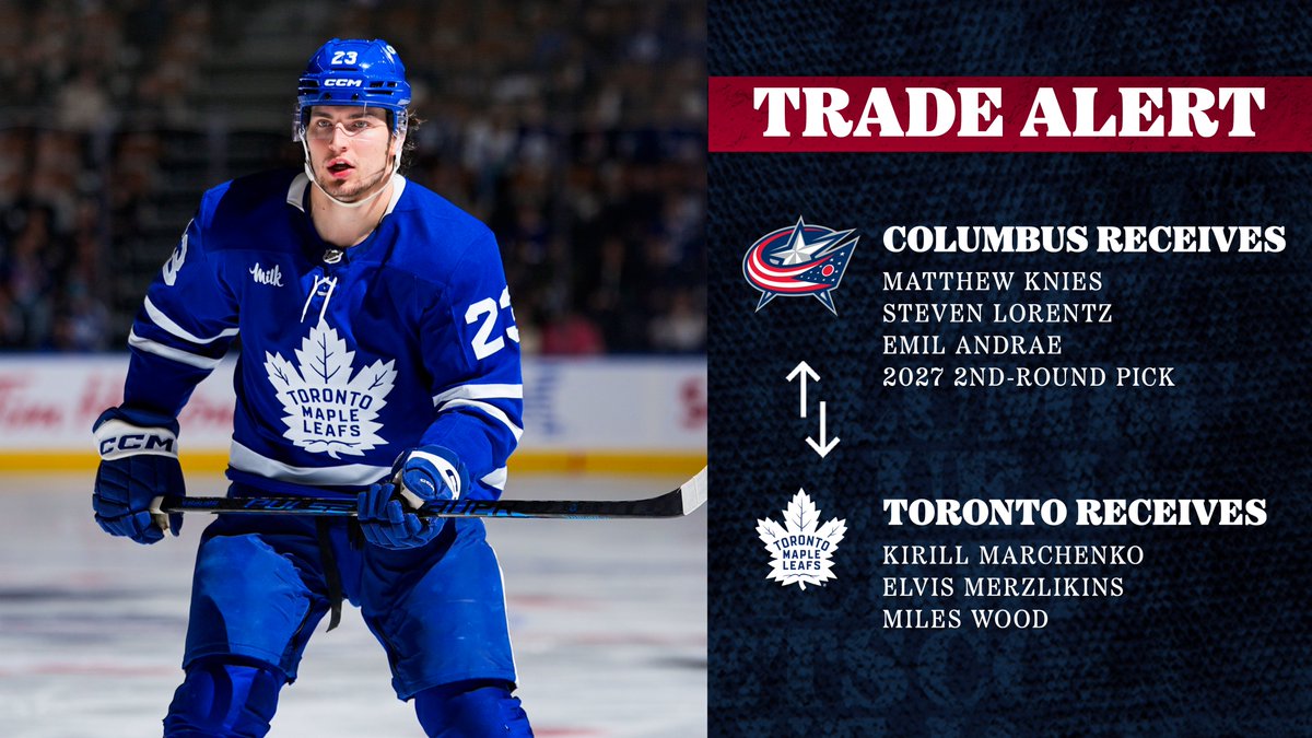 BlueJacketsNHL's tweet photo. MONDAY EVENING MOVES!💥

We’ve acquired F Matthew Knies, D Emil Andrae, F Steven Lorentz and a conditional 2027 2nd-round pick in exchange for Kirill Marchenko, Miles Wood and Elvis Merzlikins.

📝 https://t.co/5Rmc55PHzh

CBJ x @OHHeartofitAll https://t.co/9aSkPN5ThV
