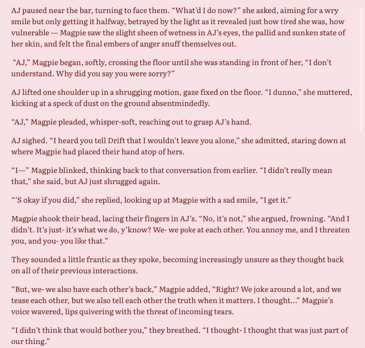 lunarhorrors's tweet photo. okay but what if after stream today magpie brought aj back to the tavern and they talked about it and it was soft and fluffy and hurt/comfort 💖

“love and other contagious diseases” - a rootrot fix-it fic 

#theflight #aimseyfanart #megiibytefanart https://t.co/CrP0pgXmaF